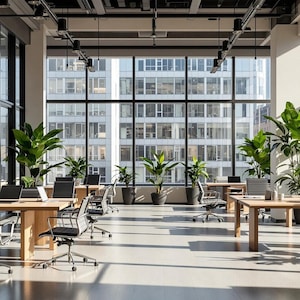 May include: An open-plan office space with large windows offering city views. The room features wooden desks, black chairs, and potted plants. The high-resolution image is 2750 x 1500 px.
