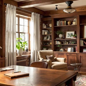 May include: A home office with a large wooden bookcase filled with books and decorative items. The room has a large desk with a lamp, a comfortable chair, and a window with white curtains.