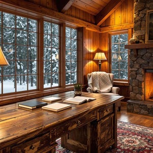 Cozy Winter Log Cabin Fireplace Virtual Background (2K Digital Download)
