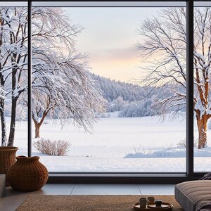 Könnte beinhalten: Eine ruhige Winterlandschaft, die durch ein großes Fenster betrachtet wird. Schneebedeckte Bäume und ein entfernter Wald sind zu sehen. Ein Kamin mit brennendem Feuer und dekorative Körbe befinden sich im Vordergrund. Das Bild ist mit "HIGH RESOLUTION 2750 x 1600 px 2K QHD" beschriftet.