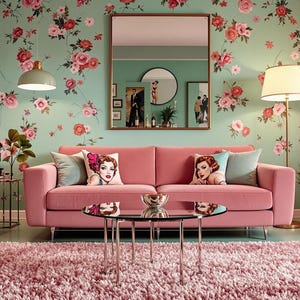 May include: A pink velvet sofa with floral patterned throw pillows sits in a living room with a floral wallpaper, a mirror, and a floor lamp.