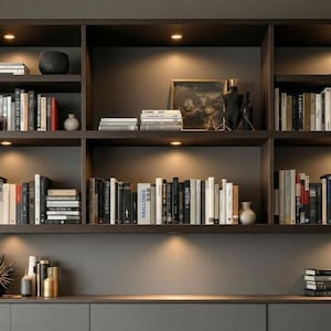 Könnte beinhalten: Ein dunkelbraunes Bücherregal mit mehreren Regalen, die mit Büchern, dekorativen Vasen und kleinen Skulpturen gefüllt sind. Einbaustrahler beleuchten die Regale und schaffen eine warme Atmosphäre. Das Bild enthält auch einen Schrank und eine Pflanze.