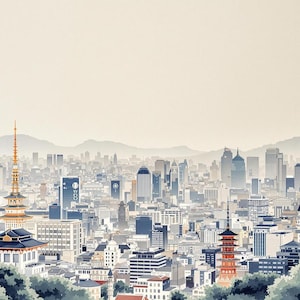 Può includere: Un'illustrazione artistica di un paesaggio urbano con la Tokyo Tower, altri edifici e una catena montuosa sullo sfondo. L'immagine ha una palette di colori tenui con un tocco di rosso dalla torre e dalle foglie autunnali. L'immagine è etichettata "HIGH RESOLUTION 2750 x 1500 px 2K QHD."
