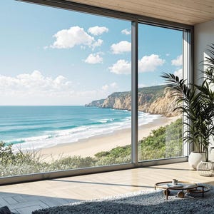 Könnte beinhalten: Ein großes Fenster mit Blick auf einen Sandstrand und Ozeanwellen. Das Fenster befindet sich in einem Raum mit einer Couch, einer Pflanze und einem Kunstwerk an der Wand. Der Text "HIGH RESOLUTION 2700 x 1800 px 2K QHD" ist in der unteren rechten Ecke des Bildes sichtbar.