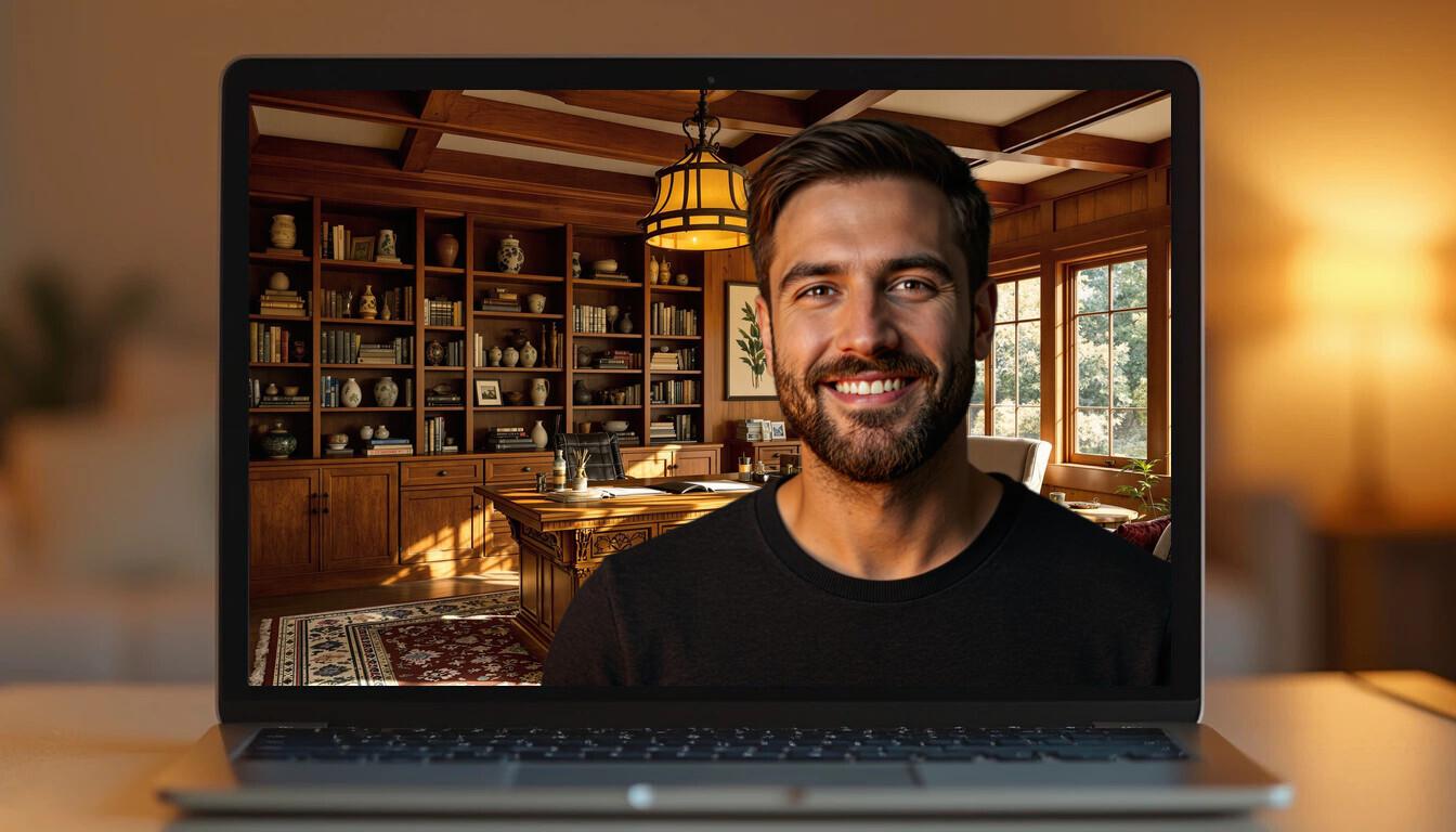 2k Library Background Cozy Cabin Bookshelf Virtual Background | Elegant Country Home Office ...
