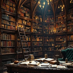 May include: A large, circular library with floor-to-ceiling bookshelves filled with books. A wooden ladder is positioned against the shelves. A wooden table with books and a green armchair are in the center of the room.