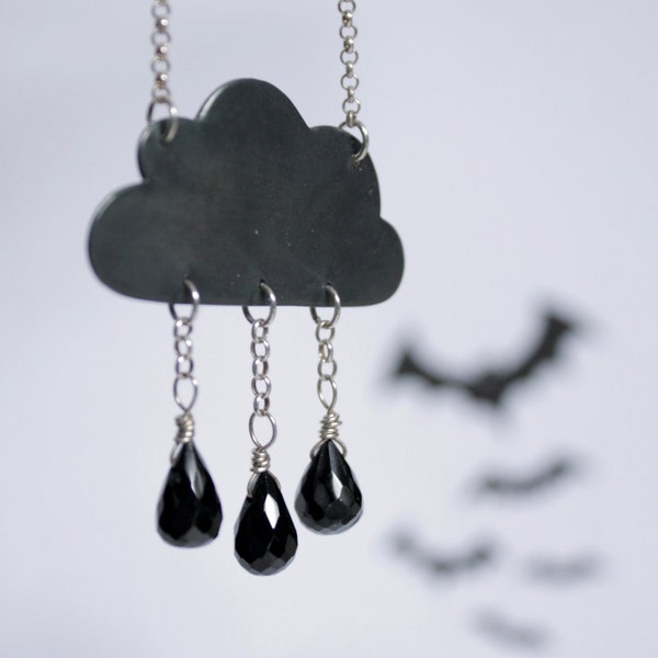 Reserved - Storm Cloud Necklace - Black Spinel Gemstone Raindrops - Eco Friendly Recycled Silver