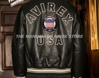 Avirex LDN ブラック本革ボンバージャケット プレミアムバーシティ