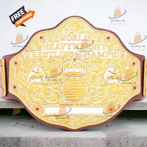 Big Gold Wrestling Replica Belt: 2MM Metal Plates, Cowhide Leather