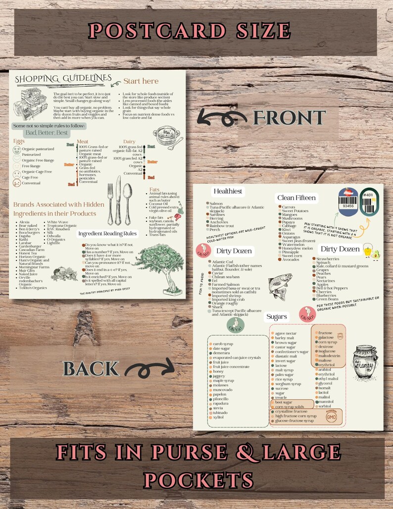 May include: A postcard-sized guide to healthy eating with a list of brands associated with hidden ingredients, a list of healthy and unhealthy foods, and a list of sugars. The guide also includes a section on ingredient reading rules.