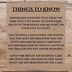 May include: A brown wooden background with white text that reads "3 Versions Included", "Things to Know", "Download your PDF files from the link that Etsy sends to your email, or go to "Purchases and Reviews" on your Etsy account.", "Due to space limitations, the poster has the most information and the postcard and business card have less information so that it can fit in the smaller size file and be readable.", "Given the size of the business card and postcard the font is very small to fit the information on the card.", and "What to Expect".