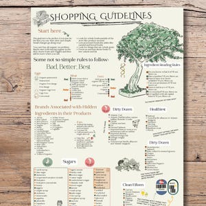 May include: A colorful poster with a tree illustration in the center. The poster provides shopping guidelines for healthy eating, including a list of foods to avoid and foods to choose. The poster also includes a list of brands associated with hidden ingredients in their products.