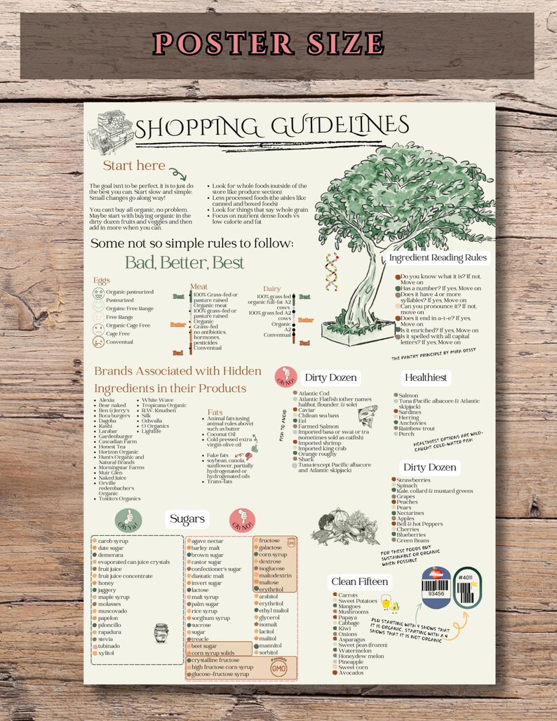 May include: A colorful poster with a tree illustration in the center. The poster provides shopping guidelines for healthy eating, including a list of foods to avoid and foods to choose. The poster also includes a list of brands associated with hidden ingredients in their products.
