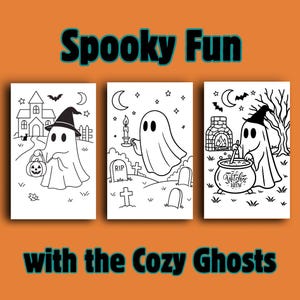 May include: Three black and white Halloween-themed illustrations featuring ghosts. One ghost holds a jack-o'-lantern, another a candle, and the third stirs a cauldron. The text "Spooky Fun with the Cozy Ghosts" is displayed.