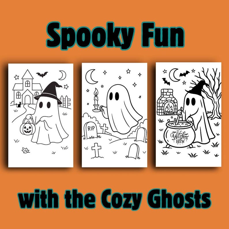 May include: Three black and white Halloween-themed illustrations featuring ghosts. One ghost holds a jack-o'-lantern, another a candle, and the third stirs a cauldron. The text "Spooky Fun with the Cozy Ghosts" is displayed.