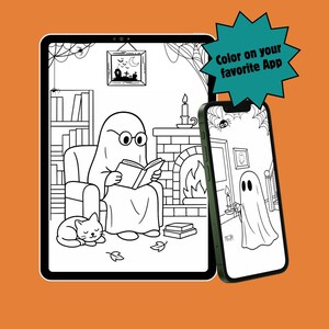 May include: A digital illustration of a ghost reading a book on a tablet and a smartphone. The tablet shows a ghost in a room with a cat, fireplace, and books. The smartphone displays a similar ghost scene. Text reads "Color on your favorite App."