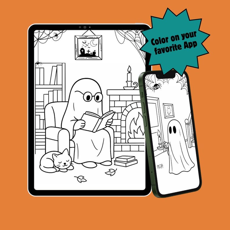 May include: A digital illustration of a ghost reading a book on a tablet and a smartphone. The tablet shows a ghost in a room with a cat, fireplace, and books. The smartphone displays a similar ghost scene. Text reads "Color on your favorite App."