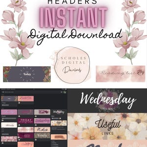 May include: A digital download of Google Keep headers with floral designs. The headers include text such as "Today", "Reading List", "Wednesday To-Do", "Useful Links", "Notes", "Church", "Friday", "Saturday", "Work", "Shopping", "Monthly", "Yearly", and "Bible".