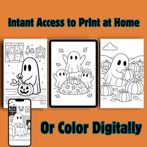 May include: Black and white line art of Halloween-themed images, including ghosts, pumpkins, and fall leaves. The text "Instant Access to Print at Home" and "Or Color Digitally" are displayed on an orange background. A tablet and smartphone are also shown.