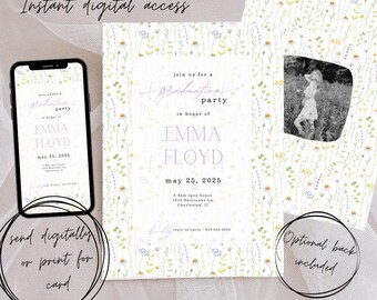 May include: A digital graduation party invitation with a floral background. The invitation is for Emma Floyd and includes the date May 25, 2025. The invitation also includes an optional back with a floral pattern.