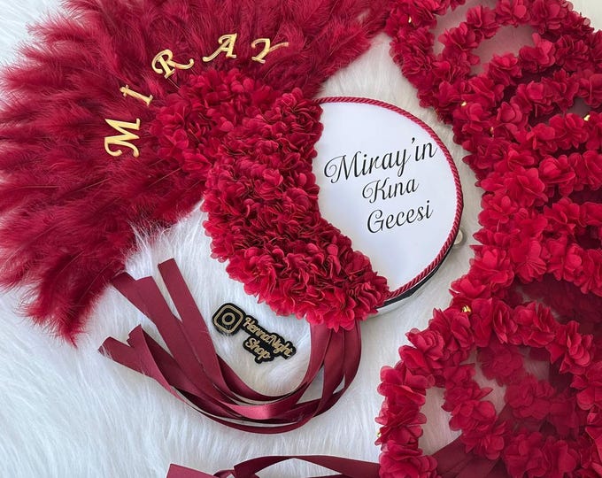 Henna Night Set - Bride Tambourines,  Bridesmaid Tambourines, Bride Handkerchief, and Feather Fan