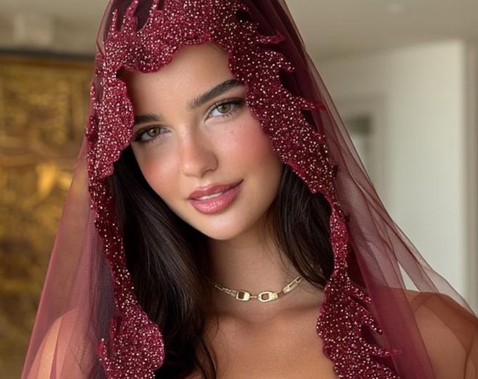 Henna Beaded Red Veil, Sash & Gloves Set – Eye-Catching Kina Duvagi Henna-Nacht