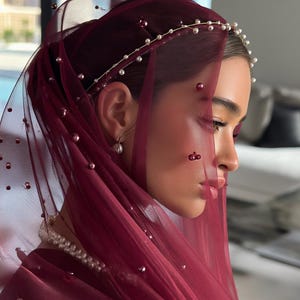 Red Henna Veil Set: Pearl Veil, Belt, Gloves, Personalized Ornaments