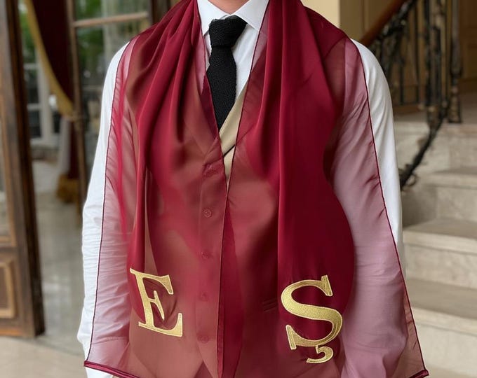 Henna Night Groom Scarf - Elegant Maroon Veil with Gold Embroidery
