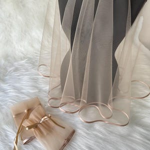 Bridal Veil Champagne Ribbon-Edged & Gloves Set – Subtle, Effortless Bridal Elegance for Henna Night, Weddings, Engagement