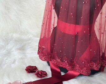 Luxury Pearl Sequin Veil Gloves, Hand Rose Belt Set  Bridal & Henna Accessories in Burgundy