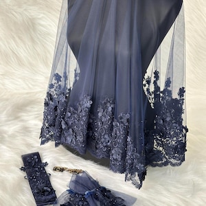 Navy Blue Floral Lace Henna Veil: Turkish Bridal Accessory Set