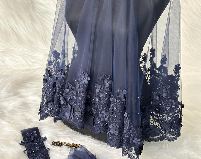 Navy Blue Floral Lace Henna Veil: Turkish Bridal Accessory Set