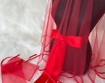 Henna Night Veil with Satin Bow Red Ribbon-Edged | Kına Gecesi Favors | Kırmızı Duvak