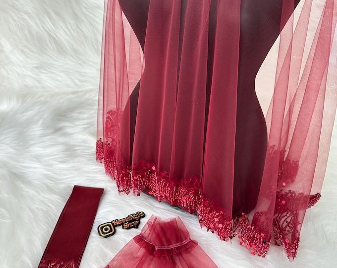 Henna Veil with Sequin Fringe and Burgundy Beaded Matching Accessories | Kına Gecesi & Bridal Accessory
