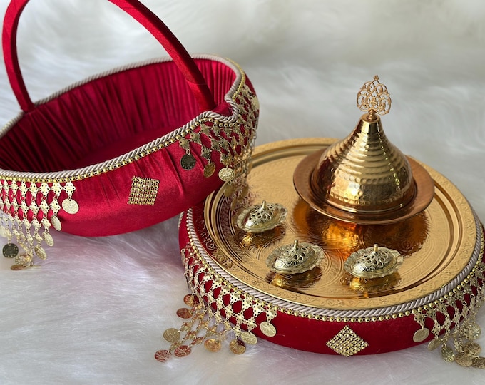 Traditional Henna Basket and Tray Set with Gold Accents | Turkish & Arabic Kına Gecesi Accessory Henna Favor
