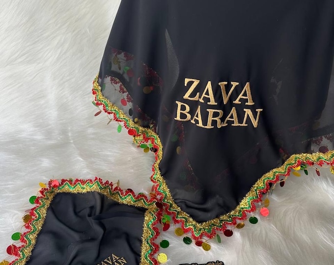 Handcrafted Kurdish Groom Set "Zava" Veil & Halay Handkerchief Set Tambourine
