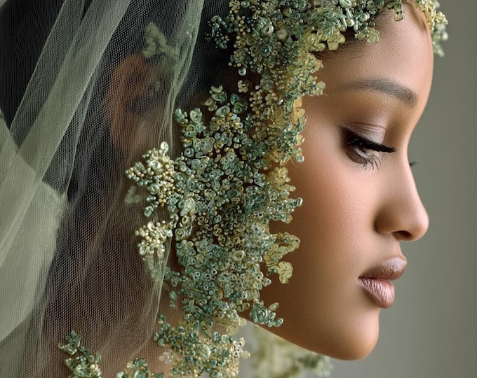 Henna Night Veil & Green Beaded | Turkish Style Tulle Veil for Bridal, Kına Gecesi, or Engagement
