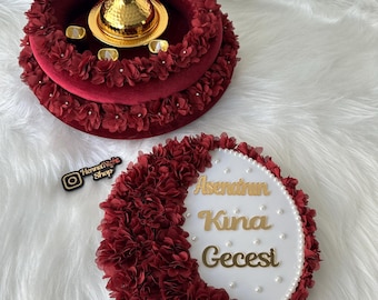 Henna Tray & Tambourine Set, Red Floral Wedding Decor, Personalized Bride Gift, KINA gecesi def ve tepsi Henna Nights Favors