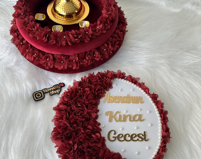 Henna Tray & Tambourine Set, Red Floral Wedding Decor, Personalized Bride Gift, KINA gecesi def ve tepsi Henna Nights Favors