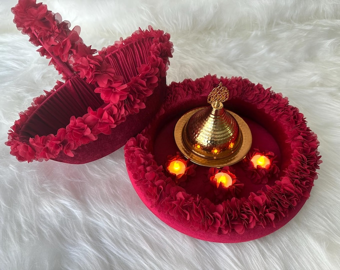 Henna Basket & Tray Set with Floral Accents Red Velvet kinagecesi tepsi