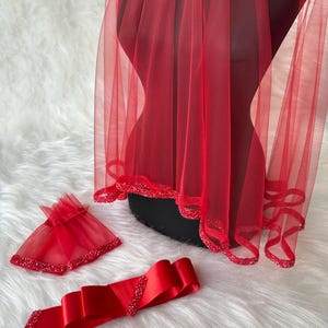 Red Henna Night Veil, Bow Belt & Gloves Fancy Soft Red Tulle and Satin roter schelier