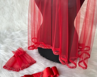 Red Henna Night Veil, Bow Belt & Gloves Fancy Soft Red Tulle and Satin roter schelier