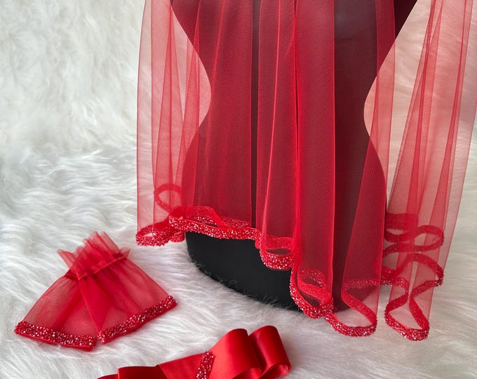 Red Henna Night Veil, Bow Belt & Gloves Fancy Soft Red Tulle and Satin roter schelier