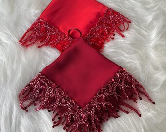 Luxurious Red Satin Bridal Handkerchief with Intricate Beaded Fringe