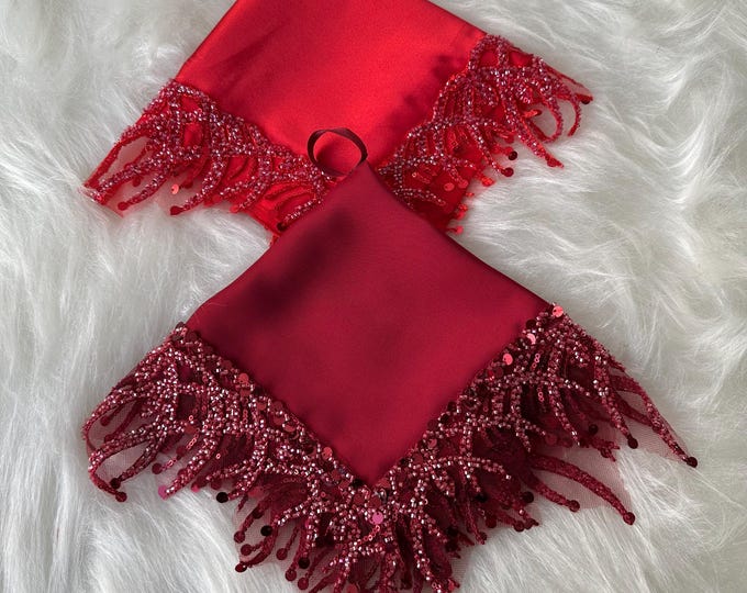 Luxurious Red Satin Bridal Handkerchief with Intricate Beaded Fringe