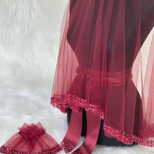 Henna Night Veil with Matching Sash Burgundy Sequin-Edged | Turkish & Arabic Bridal Accessory for Kına Gecesi and henna nights favors