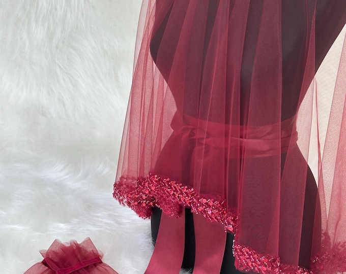 Henna Night Veil with Matching Sash Burgundy Sequin-Edged | Turkish & Arabic Bridal Accessory for Kına Gecesi and henna nights favors
