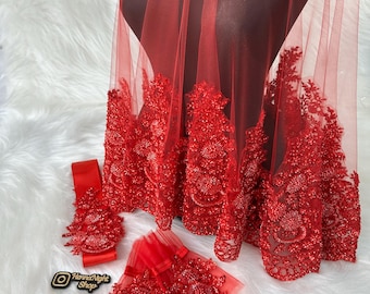 Henna Veil for Turkish Henna Night Exquisite Red - Lace Beaded Traditional Bridal Veil