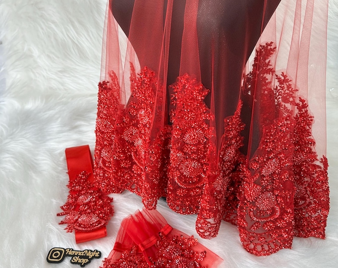 Henna Veil for Turkish Henna Night Exquisite Red - Lace Beaded Traditional Bridal Veil