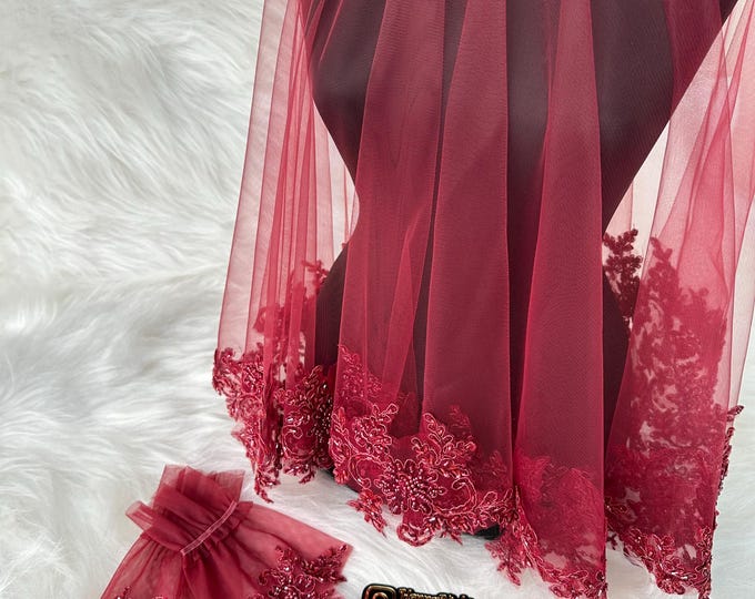 Henna Night Veil Burgundy with Floral Lace Appliqué | Turkish Style Tulle Veil for Bridal, Kına Gecesi, or Engagement